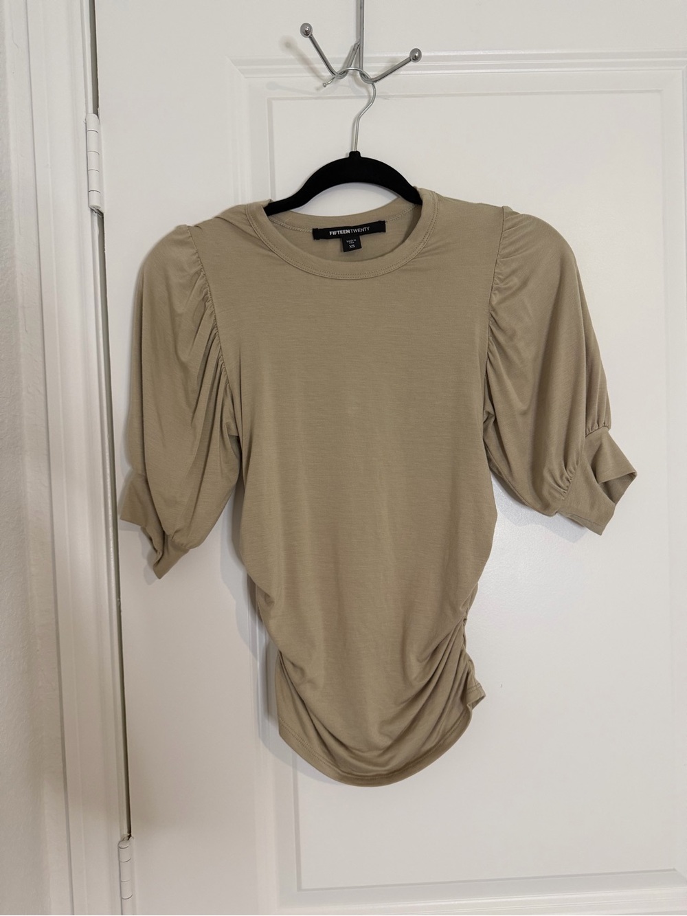 Fifteen Twenty Taupe Ruched Puff Sleeve Tee